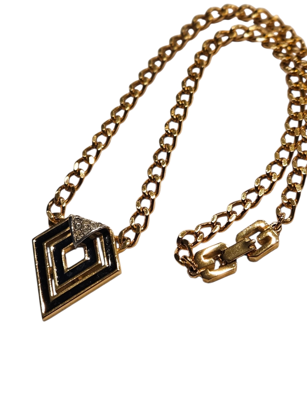 1979 Givenchy Vintage Gold Chain Choker Necklace Black Enamel Crystal Pendant - Picture 3 of 16
